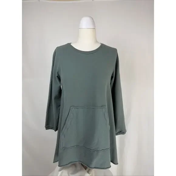 NWT Kleen Green Long Sleeve Kangaroo Pocket High Low Tunic Top #0724 XS - Picture 1 of 7